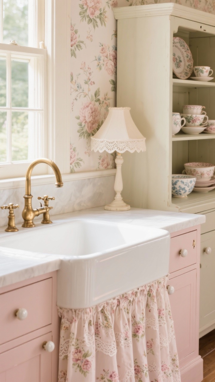 Detail closeup: A skirted farmhouse sink dressed in a delicate floral fabric, edged by a lace café curtain drifting across a sunlit window. Nearby cabinetry in pale blush or soft putty features porcelain knobs; above the dado rail, subtle floral wallpaper in harmonizing tones adds romance. Antique brass taps catch warm light, while a cream-painted freestanding hutch in the background displays dainty china, patterned bowls, vintage teacups, and a scalloped lampshade. Gentle, romantic mood, blush, putty, cream, antique brass, photorealistic.