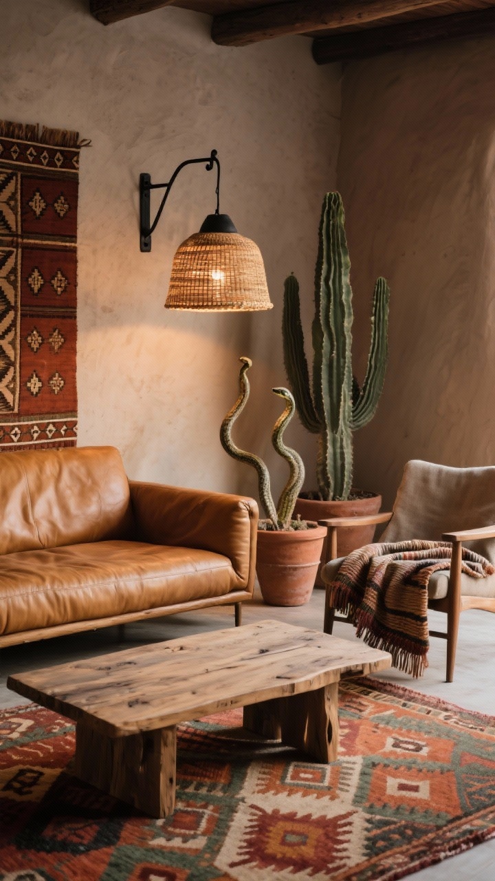Detail closeup: An earthy vignette of a vintage Southwest living room palette—edge of a structured camel leather sofa beside an earthy Kilim rug showing geometric motifs in terracotta, rust, and sage; low-profile raw-wood coffee table with visible grain; woven saddle blanket draped over a chair in frame; matte textures dominate, no gloss; background hints of clay-plaster accent wall in warm greige with a blackened steel hook; sculptural cacti and a tall snake plant in terra-cotta planters nearby; warm evening light with an organic glow from a woven pendant light above; subtle blackened steel hardware detail visible; photorealistic, tactile.