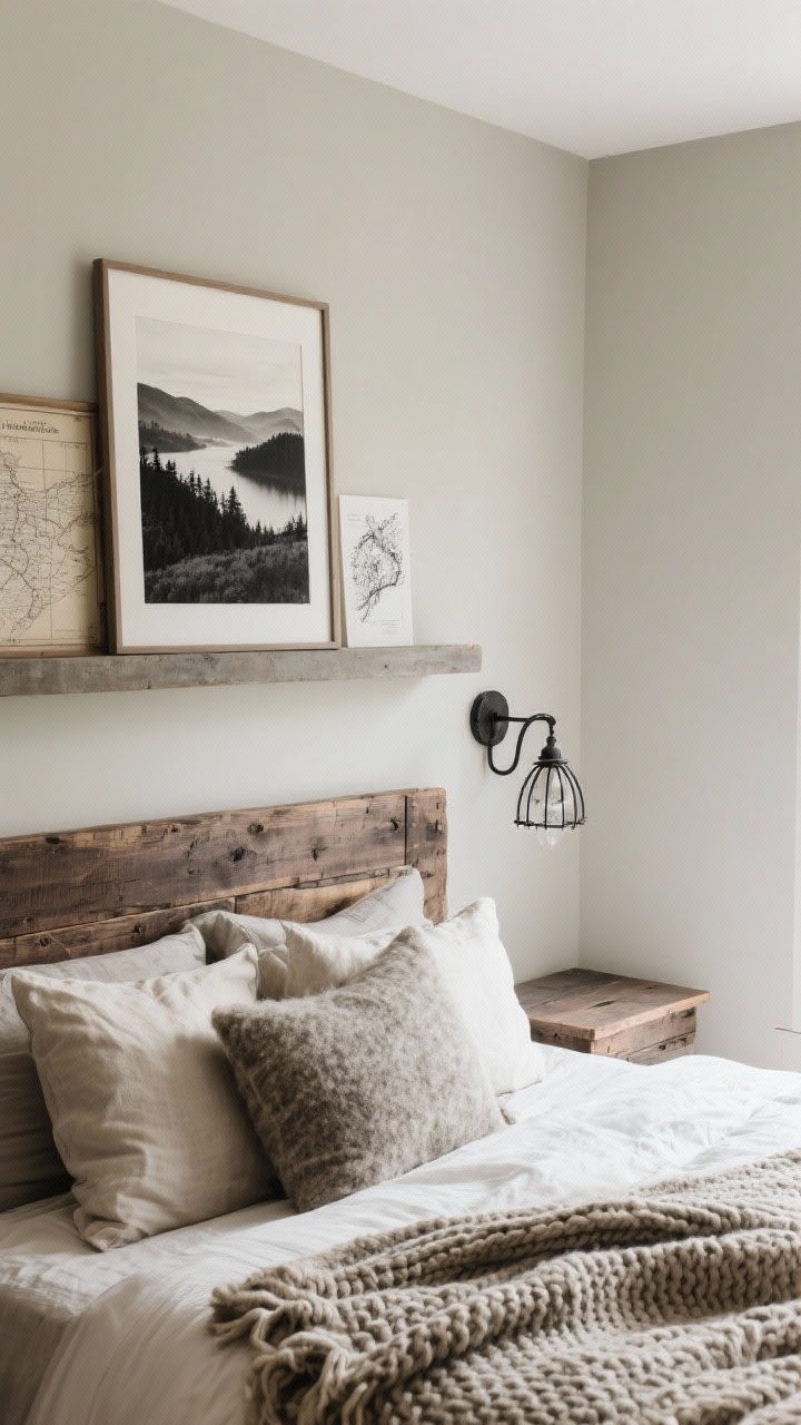 Detail closeup, angled from the side of a contemporary rustic picture ledge: soft greige wall with a thick floor-to-wall picture ledge installed at headboard height behind a reclaimed wood bed. Leaned on the ledge is an oversized black-and-white landscape as anchor, layered with a smaller charcoal sketch and a vintage map. Wrought-iron sconce enters frame, and textures of wool blanket, linen pillows, and a chunky knit throw on the bed edge are visible. Palette: greige, espresso, iron, cream. Natural daylight with gentle contrast, tactile and modern-rustic.