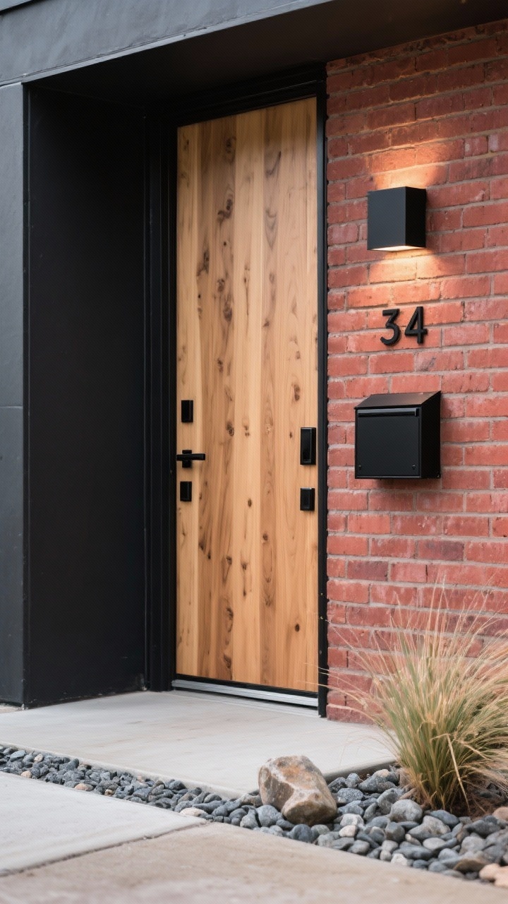 Detail closeup, angled view of a natural wood front door set in red brick with deep charcoal trim (nearly black) creating a sleek border. Matte black square-profile handle set, matte black modern house numbers mounted on the brick, linear matte black sconce beside the door, and a simple black mailbox. Foreground shows tidy gravel border and river rock bed with architectural grasses. Minimalist, modern aesthetic with soft, diffused daylight emphasizing clean lines and wood grain.