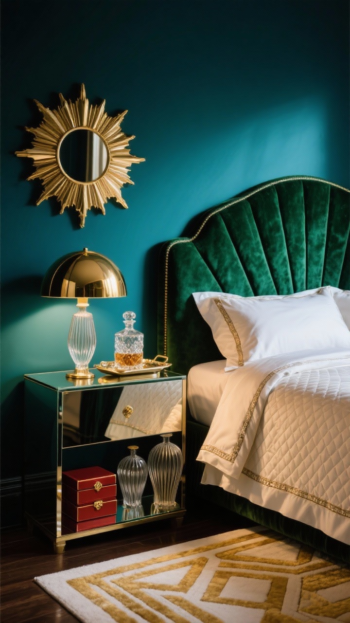 Detail closeup: Art-deco glam bedside vignette with deep teal wall backdrop. A fan-shaped velvet headboard in emerald visible at edge, mirrored nightstand topped with a brass dome lamp; a sunburst mirror glinting above. Sateen sheets with a quilted coverlet and piped edges; geometric art-deco rug in cream and gold peeking below. Decor includes lacquer boxes, a crystal decanter on a mirrored tray, and ribbed glass vases. Photorealistic, dramatic evening lighting with warm highlights and rich shadows, glamorous mood.