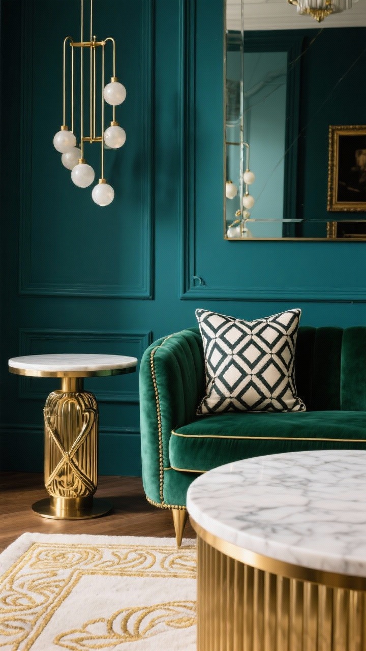 Detail closeup, Art-Deco Glam Revival: emerald velvet seating edge with crisp piping beside a brass inlay side table; round marble-topped table with fluted detailing; geometric patterned pillow in ivory and ink black; smoked mirror panel reflecting a linear chandelier with opaline globes; wall in deep teal with picture frame molding; soft cream rug showing a subtle deco motif in gold thread; dazzling yet sophisticated, photorealistic.