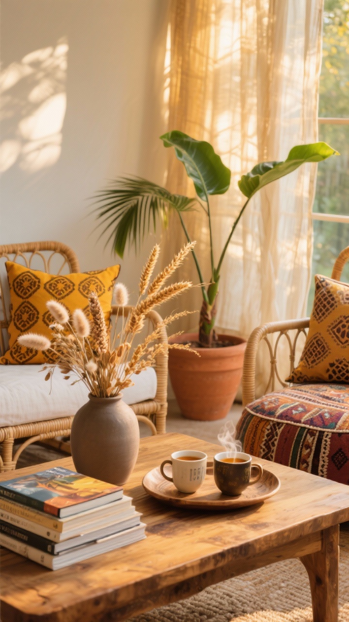 Detail closeup at coffee table height: Boho sunroom vignette with rattan lounge chair arms framing block-printed pillows in marigold and clove. Low mango wood table with stacks of art books and a ceramic tray holding steaming mugs of chai. Gauzy drapes behind, filtering honeyed sunlight; a kilim pouf edge visible and a terracotta planter with a rubber plant leaf arching in. Dried florals—palm spears, bunny tails, toasted wheat—in a tall matte vase. Warm golden-hour glow, photorealistic, no people.