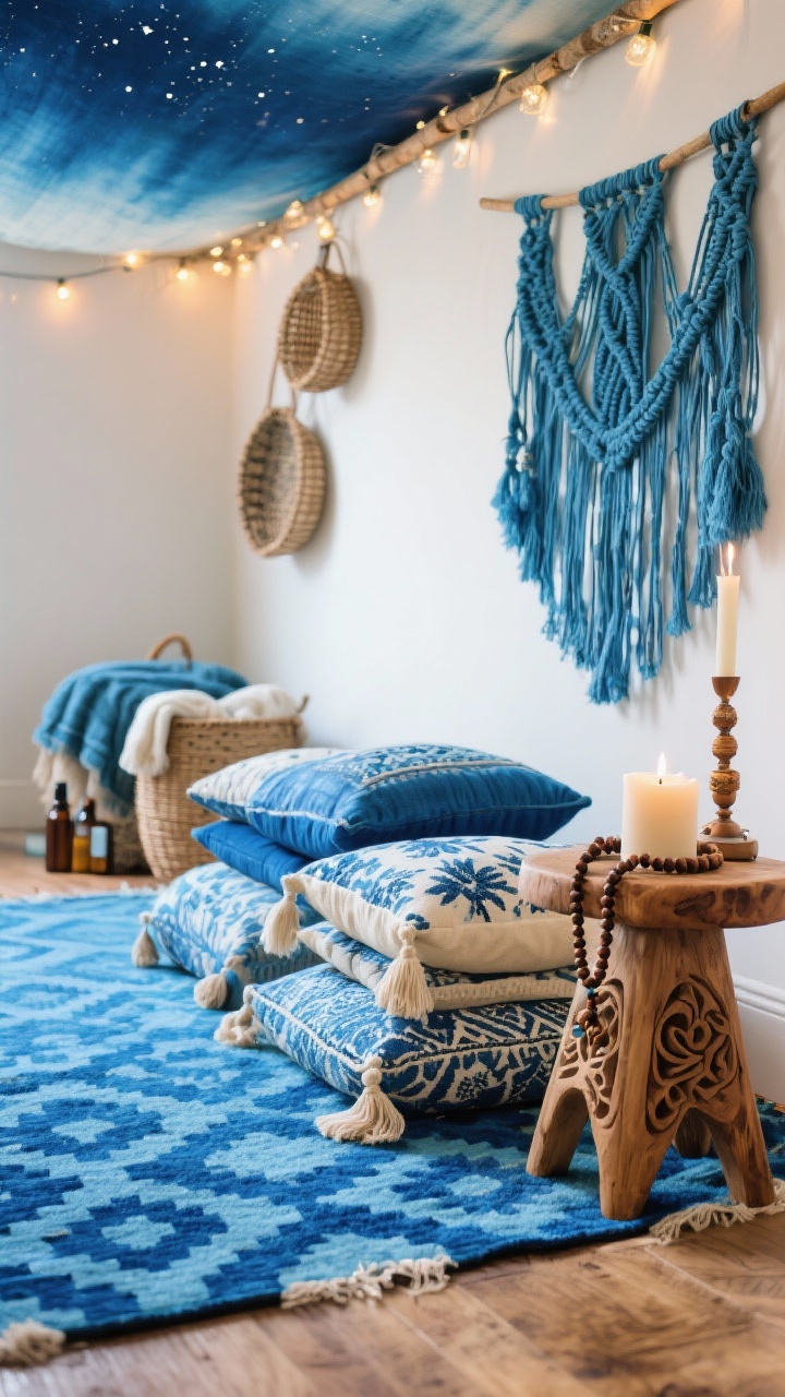Detail closeup at floor level: Boho azure corner focusing on pattern play—saturated azure area rug with stacked block-printed floor pillows in blue and cream showing varied prints, textures, and tassels; edge of a carved mango wood stool holding candles and mala beads visible; background blur reveals an ombré blue-dyed macramé wall hanging and woven baskets for blankets and essential oils; string lights tucked along a canopy rod twinkle for a starry feel; tones of azure, cream, and natural wood; photorealistic, no people.