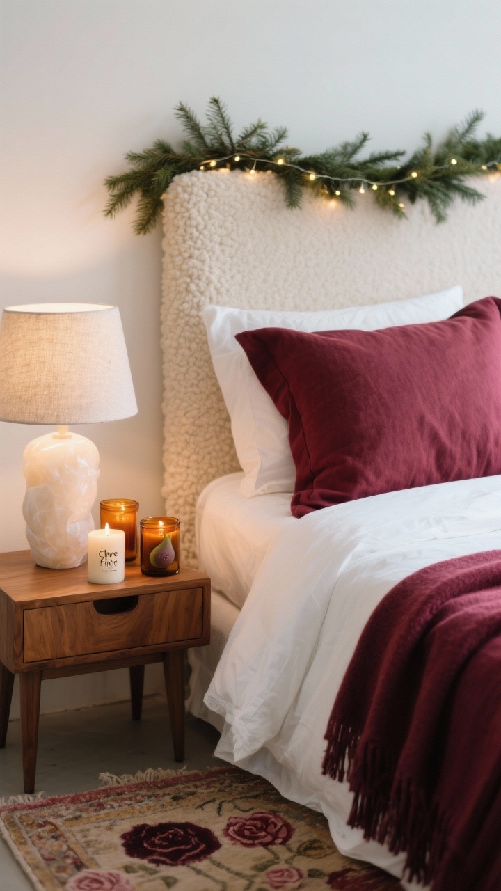 Detail closeup at the foot of a bed: Crisp white sheets with a burgundy linen duvet folded neatly at the foot and matching shams. Warm wood nightstand holding an alabaster lamp emitting a soft, flattering glow. Above the headboard, a simple cedar garland with tiny battery fairy lights twinkling subtly. In the background, a cream bouclé accent chair draped with a burgundy cashmere throw and a faded vintage rug showing wine and rose tones. Amber glass candles labeled clove and fig on the nightstand. Calm, candlelit ambience, photorealistic, no people.