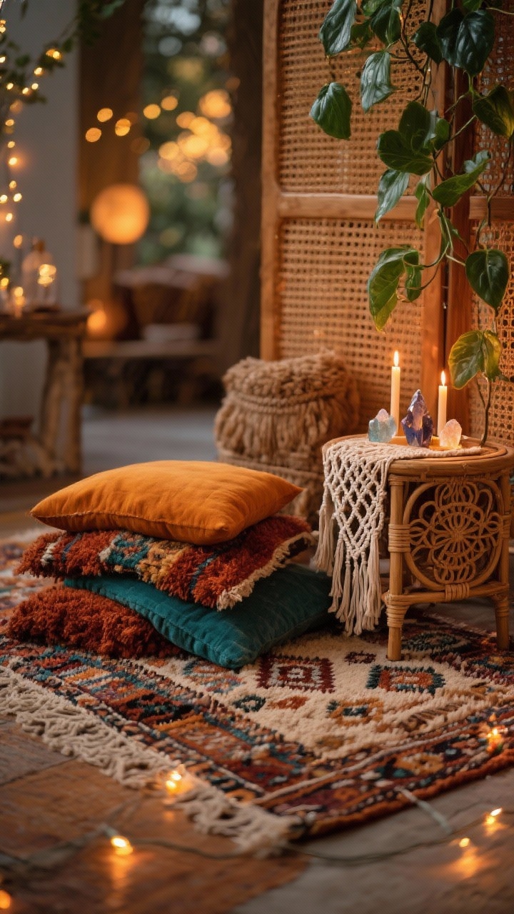 Detail closeup, Boho Nest: layered rug vignette showing a flatweave kilim beneath a shag Moroccan rug, with overlapping floor cushions in ochre, rust, and teal. Edge of a caned room divider in background bokeh, tiny carved altar table topped with candles and crystals. Macramé art fiber texture visible, warm fairy lights twinkling, trailing pothos leaves entering frame. Rattan and vintage textile textures emphasized, cozy eclectic mood, photorealistic, warm evening lighting.
