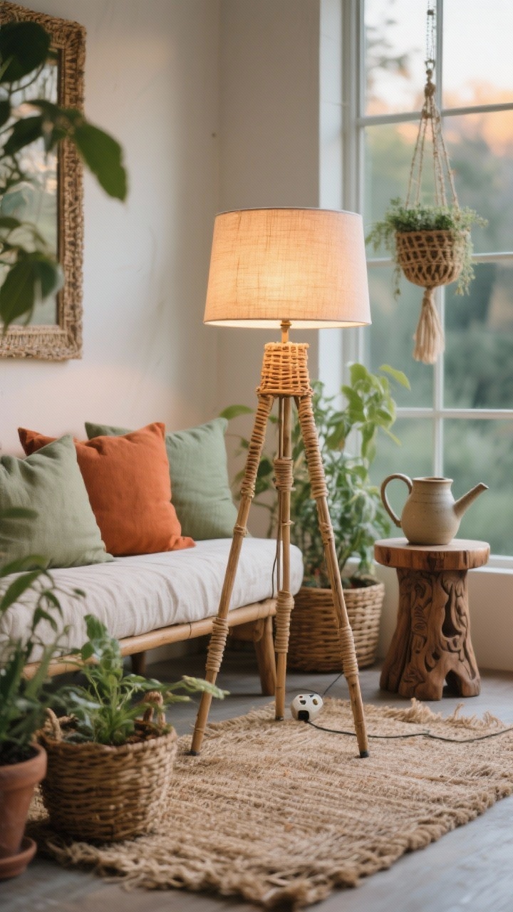 Detail closeup, boho sunroom textures: rattan tripod floor lamp with softly diffused lantern-like shade glowing at dusk beside a linen bench; natural jute rug fibers and terracotta/sage throw pillows in frame; cluster of potted plants in woven baskets, one hanging planter slightly blurred in background; carved wood stool edge and ceramic watering can styled as decor; palette of sage, sand, terracotta, soft white; foot-switch visible near base for convenience; soft natural daylight mixing with warm lamp light; photorealistic.