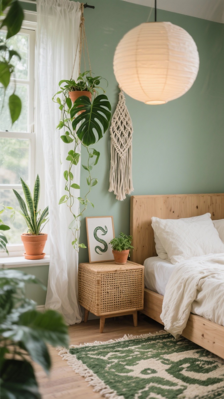 Detail closeup: Botanical boho oasis vignette of a light oak bed corner against sage walls with gauzy white curtains filtering soft daylight; cascading pothos in a macramé hanger, monstera leaves, a snake plant, and a small herb pot on the windowsill in terracotta pots; cotton slub bedding in cream, rattan cane nightstand with a botanical print leaning against the wall; edge of a green-and-cream patterned rug visible; paper lantern pendant softly glowing out of focus; textures of ceramic and rattan emphasized; fresh, calm, lush; photorealistic.