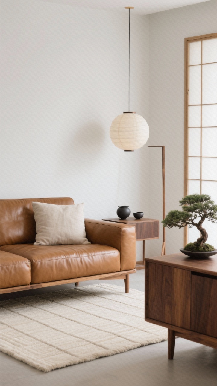 Detail closeup, calm composition: Japandi serenity focusing on the cognac leather sofa with a low, wood-wrapped base adjacent to warm walnut furniture. A cream tatami-style rug textures the floor. A shoji-inspired room divider softly diffuses warm white wall tones. Minimal styling: linen pillows, a single charcoal ceramic tea set on a walnut console, and a small bonsai perfectly pruned. Lighting from a rice paper orb pendant and a slim wood floor lamp is soft and even. Negative space emphasized, photorealistic.