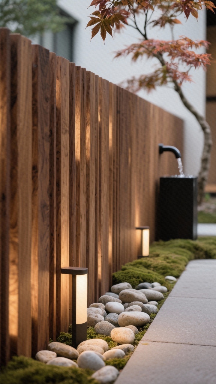 Detail closeup, calm vertical rhythm: Thermally modified ash fence with vertical slats and evenly spaced gaps creating soft shadow patterns. Matte penetrating finish with toasted, rich tone. Low, dimmable path lights grazing the slats for gentle illumination. Foreground elements: smooth porcelain pebbles, oat and taupe color palette, a hint of mossy ground cover; blurred background of a Japanese maple leaf and a slender black-accent water feature spout. Quiet Japandi serenity, photorealistic.