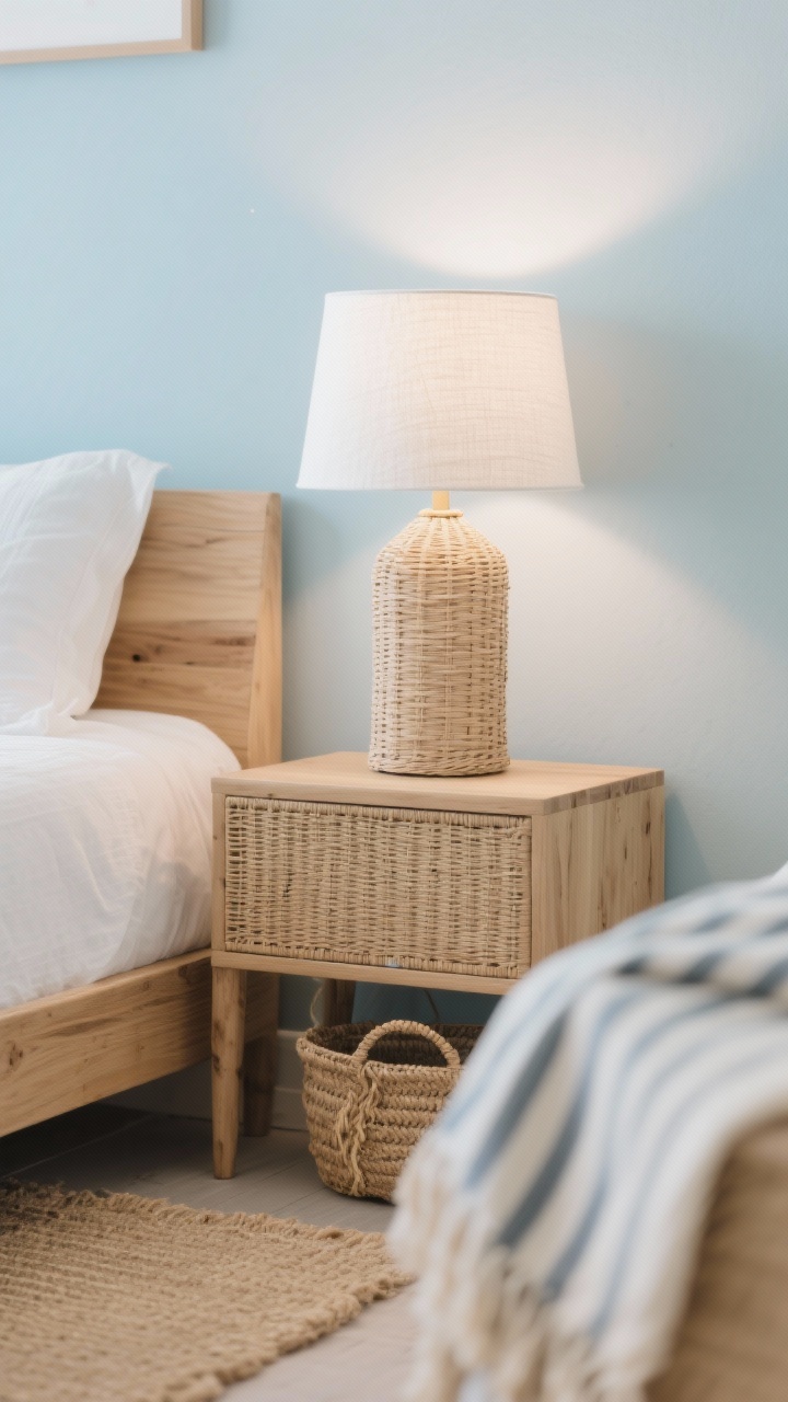 Detail closeup, Coastal Calm Bedroom nightstand: rattan/woven cane table lamp with a white linen shade casting sandy 2700K glow across light wood grain, powder-blue wall softly blurred in background, edge of natural oak bed with crisp white linen bedding, a sand-colored jute rug texture peeking at the frame bottom, a striped throw and seagrass basket slightly out of focus, calm beachy mood, photorealistic.