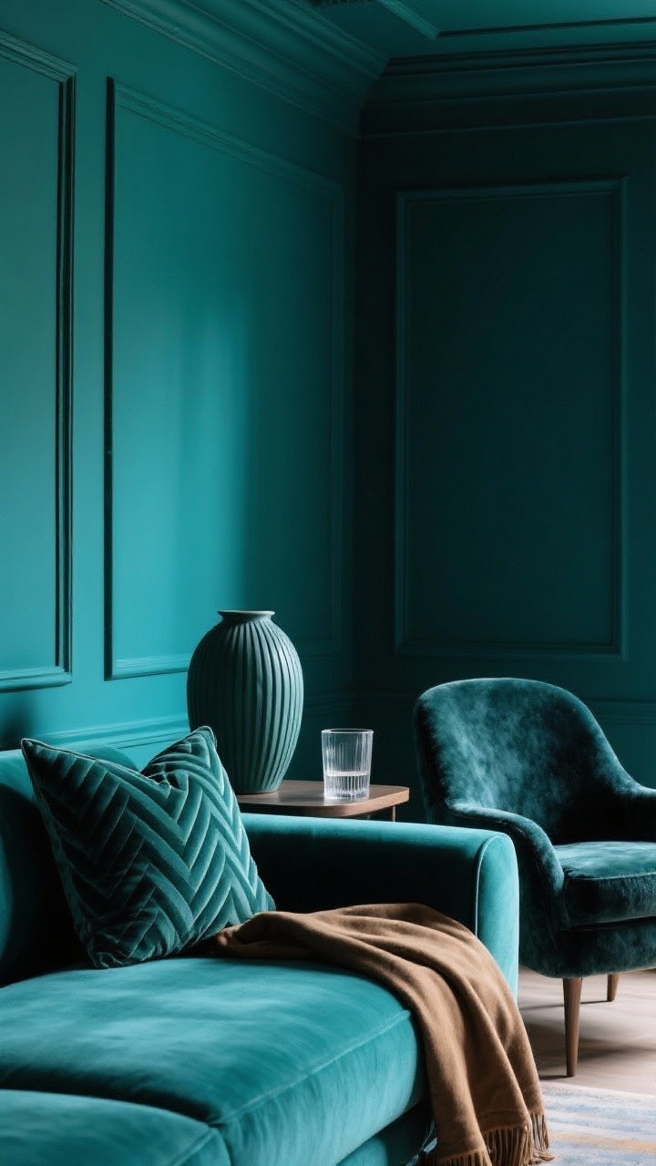 Detail closeup, Color-Drenched Monochrome vignette: tone-on-tone deep teal setting with walls, trim, and ceiling saturated in the same hue; sofa in a slightly lighter teal, adjacent velvet or mohair chair in a darker tone; textures showcased—velvet cushion, suede throw, matte ceramic vase, ribbed glass tumbler—all in coordinated tones; subtle patterns like herringbone or tone-on-tone stripes on a pillow; warm temperature lighting to keep the color rich and inviting; photorealistic, no people, shallow depth of field.