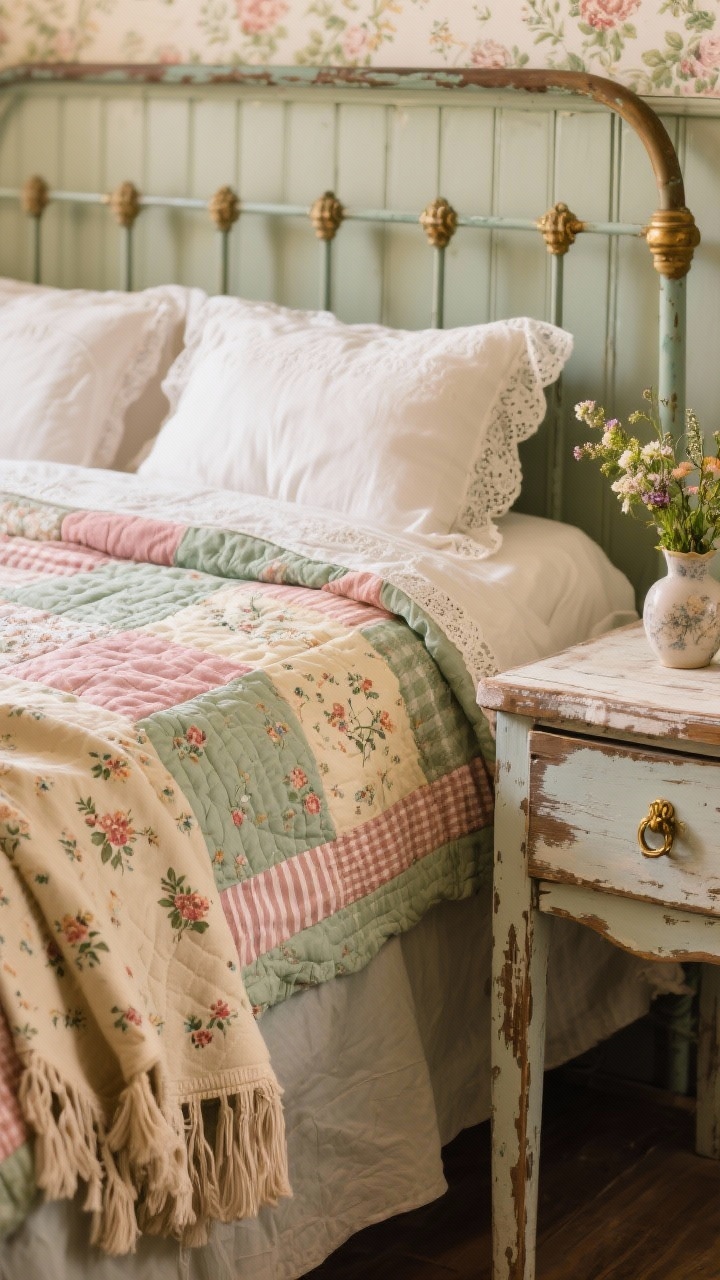 Detail closeup, Cottage Core textiles on bed: painted iron bed edge and layered bedding in dusty rose, sage, and warm cream; quilted coverlet with mixed patterns—small-scale florals, gingham, and a tiny stripe—kept in cohesive tones; lace-trimmed pillowcases and a fringed throw at the foot; antique brass accents subtly visible; a hint of floral wallpaper or paneled wainscot blurred in background; a tiny vase of garden blooms on a weathered wood nightstand. Soft, cozy daylight, shallow depth of field.
