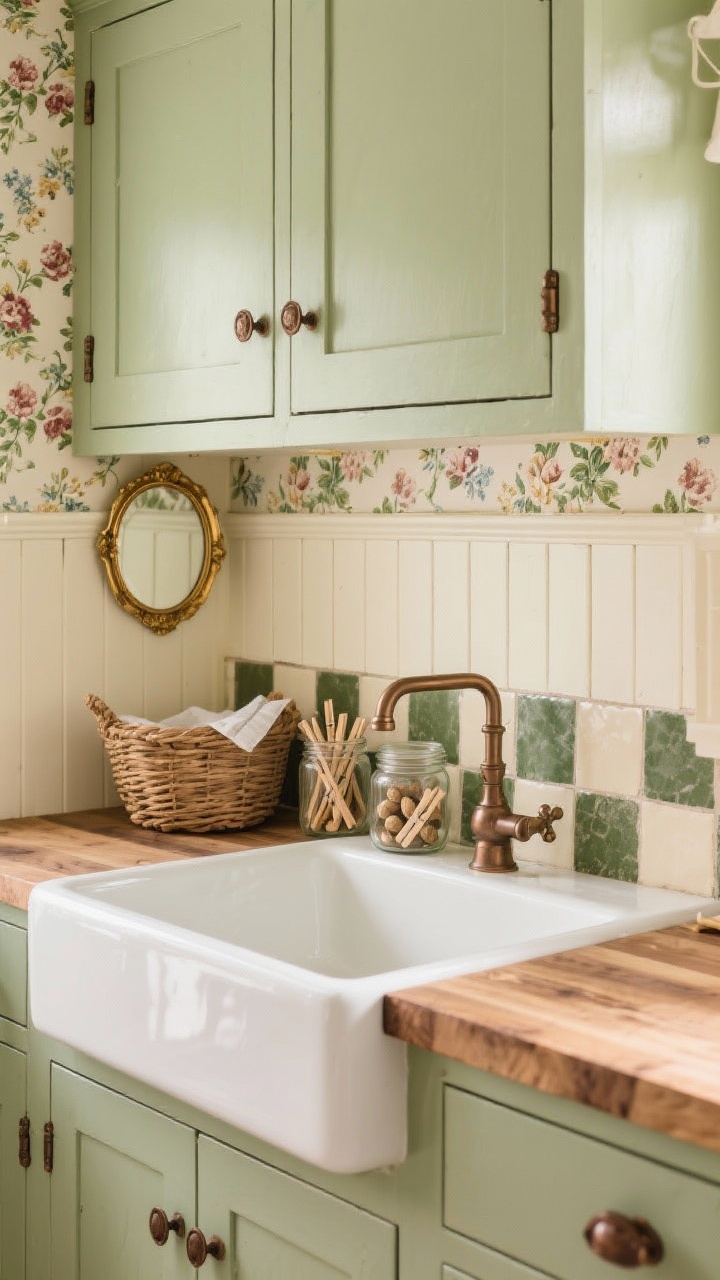 Detail closeup: Cottage-core vignette focusing on soft sage cabinetry with oil-rubbed bronze latches and cup pulls, butcher block counter, floral wallpaper above cream-painted beadboard wainscoting, a farmhouse apron-front sink with a bridge faucet, checkerboard stone-look tiles in cream and moss peeking below, styled vintage glass jars filled with clothespins and pods, a wicker basket, and the edge of a small gilded mirror catching light; cozy, vintage, storybook charm, photorealistic.