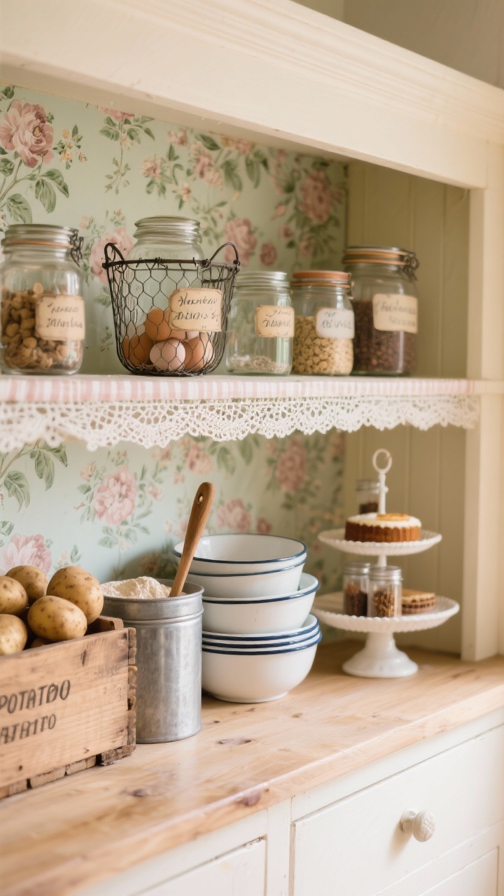 Detail closeup, cottagecore pantry: cream-painted shelf edge with lace or gingham trim, floral wallpaper peeking from the back. Mismatched vintage jars with handwritten labels, a wire egg basket partially in frame, a wooden crate labeled for potatoes, enamel mixing bowls stacked nearby, a metal flour bin with a wooden scoop, and a small two-tiered cake stand holding spices. Soft, warm natural light, palette cream, sage, dusty rose, warm wood, photorealistic with nostalgic texture emphasis.