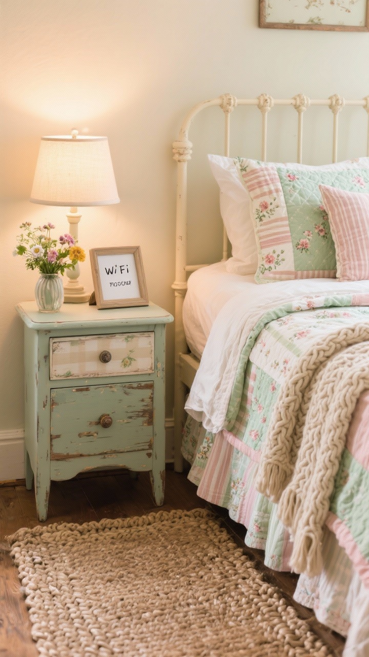 Detail closeup, Cozy Cottage Charm textiles and nightstand: palette of buttermilk, sage, and blush; painted spindle bed frame edge visible; layered quilts with petite florals, gingham, and stripes in the same color family; cable-knit throw draped over the bed; braided rug texture below; mismatched painted nightstand with a petite lamp; small vase of fresh garden flowers; a framed handwritten Wi‑Fi password card on the tabletop; warm, cozy lamplight, photorealistic.