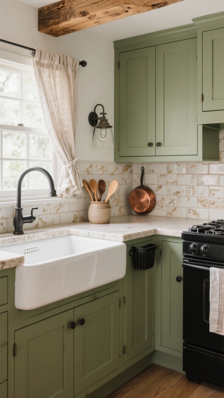 Detail closeup, Earthy Clay & Sage Modern Farmhouse: a focused shot on sage-green base cabinets meeting clay-colored uppers with shaker fronts; matte black range edge visible; handmade off-white tile backsplash with subtle irregularities; warm quartzite countertop with gentle movement; black iron bin pulls and latches; apron-front white fireclay sink; industrial farmhouse sconces over windows catching on exposed oak beams; styled with copper pots, a crock of wooden spoons, and linen cafe curtains; soft, natural light, photorealistic.