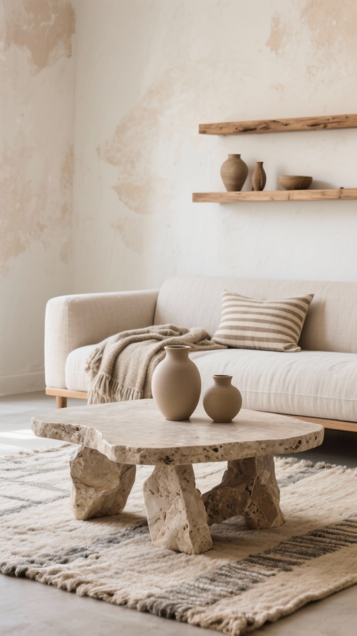 Detail/closeup: Earthy minimalist boho vignette showing a sculptural travertine coffee table with matte sand-toned ceramic vessels, in front of a streamlined flax linen sofa with slim arms and a single striped lumbar pillow, nubby wool throw casually folded; background hints of warm white/clay-wash wall, oak floating shelves with a few curated objects, flatweave wool rug in beige/greige; soft diffuse daylight, calm and serene, photorealistic.