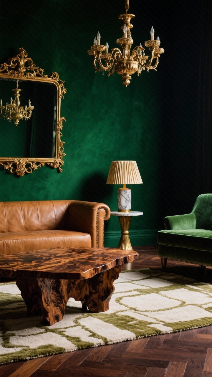 Detail closeup, eye-level: A luxurious vignette against deep emerald green walls showing an ornate antique gold mirror reflecting a patinated brass statement chandelier. In front, a burled wood coffee table with rich grain sits on a wool rug with subtle cream-and-olive detailing; edges of a camel leather sofa and an emerald velvet lounge chair frame the scene. Espresso-stained herringbone floors peek through; pleated silk lampshade and marble-and-brass pedestal side table add refined texture. Low, moody, cinematic lighting.
