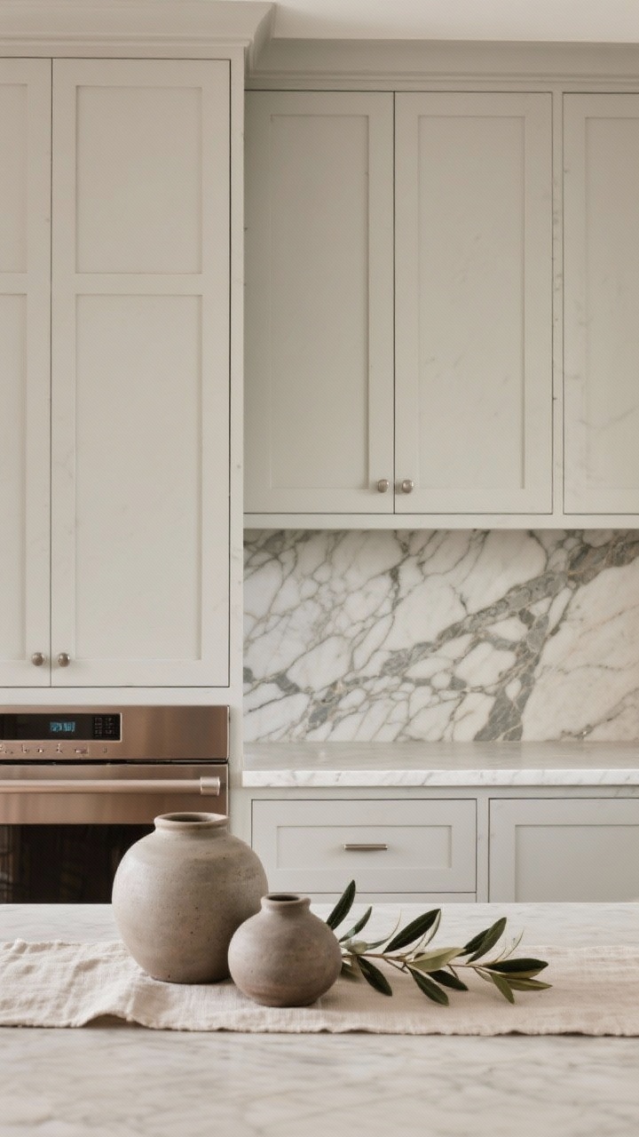 Detail/closeup: Focus on a stone-led vignette: soft greige Shaker cabinet edge meeting a full-height veined quartzite or travertine slab backsplash, the dramatic veining as the art. Minimal hardware in slim brushed nickel or muted bronze. Panel-ready appliance panel blending seamlessly. Foreground styled with matte pottery and olive branches, a neutral linen runner edge visible. Calm, architectural mood, soft diffused light, tight composition.