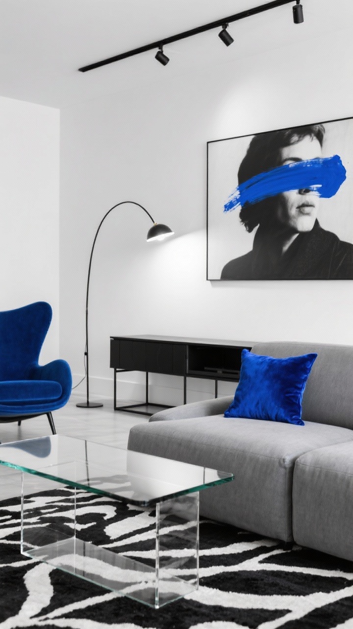 Detail closeup focused on high-contrast monochrome with cobalt moments: neutral gray sofa edge with cobalt velvet pillows, a bold cobalt accent chair blurred in background; black-and-white graphic rug beneath a clear glass coffee table, making color moments float; black steel-framed media console and oversized black-and-white photography with a single cobalt brushstroke print on the wall; track lighting highlights the art; sleek arc floor lamp edge visible; bright, gallery-like lighting, photorealistic.