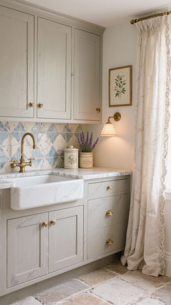 Detail closeup: French country elegance corner featuring greige/mushroom raised-panel cabinetry with antique brass hardware, softly veined marble-look quartz countertop leading to a porcelain farmhouse sink, petite hand-painted backsplash tiles in cream and dusty blue, tumbled limestone/travertine floor with a honed finish slightly out of focus, linen cafe curtains with delicate trim filtering warm light, styled vintage canisters, a petite lampshade sconce glowing, a framed botanical print, and a small lavender plant; romantic, refined, photorealistic.