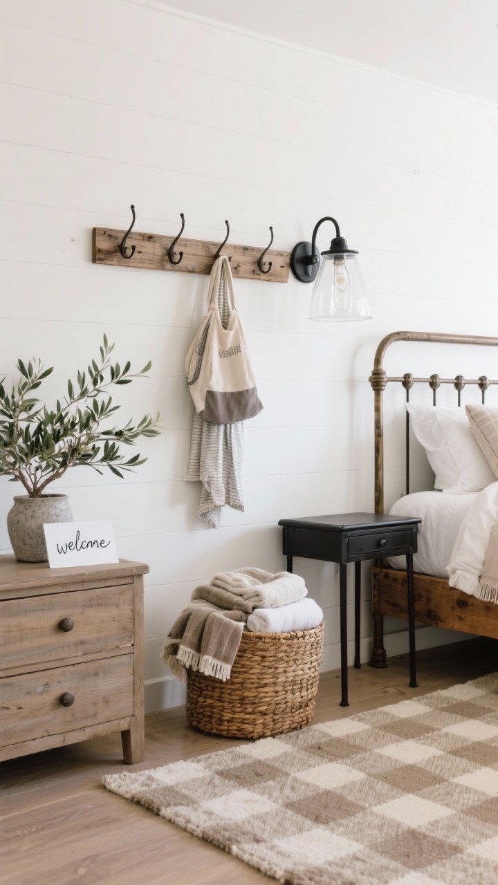 Detail closeup, Fresh Farmhouse Modern entry wall: warm white walls; reclaimed wood bed/iron bed frame edge in background; long peg rail with hooks holding a bag and robes; Shaker-style dresser corner and black metal nightstand edge visible; neutral plaid/buffalo-check rug texture on the floor; clear glass lamp or black barn-style sconce providing clear, bright light; olive tree/eucalyptus in a stone crock; woven basket with extra towels and stacked cozy throws; small handwritten welcome note on dresser; bright, tidy, friendly, photorealistic.