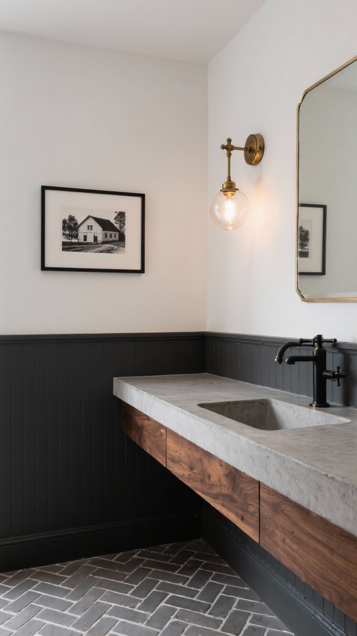 Detail closeup from a corner angle: charcoal board-and-batten lower wall meeting warm white upper wall, antique brass globe sconce casting an elevated glow, black cross-handle faucet mounted over a concrete-look vanity top with a walnut base edge visible; herringbone brick-look floor tile sealed matte; framed black-and-white farmhouse print on the warm white upper wall; palette of charcoal, walnut, white, antique brass; moody and dramatic.