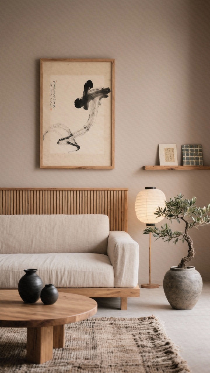 Detail closeup from a side angle capturing Japandi layering: warm pale taupe wall with thin slatted oak or ash wood panel mounted behind the sofa like a subtle headboard; centered above, a soft ink-wash (sumi-e) artwork in an oversized natural wood frame; to one side, a narrow picture ledge with two small ceramic tiles or washi paper studies leaning casually; foreground hints of a low-profile linen sofa and rounded oak coffee table; textures include a woven wool rug, stoneware vases, and the glow of a paper lantern floor lamp; add a bonsai or olive branch for a living sculptural note; serene, balanced, minimal palette of taupe, oatmeal, soft black, and natural oak.