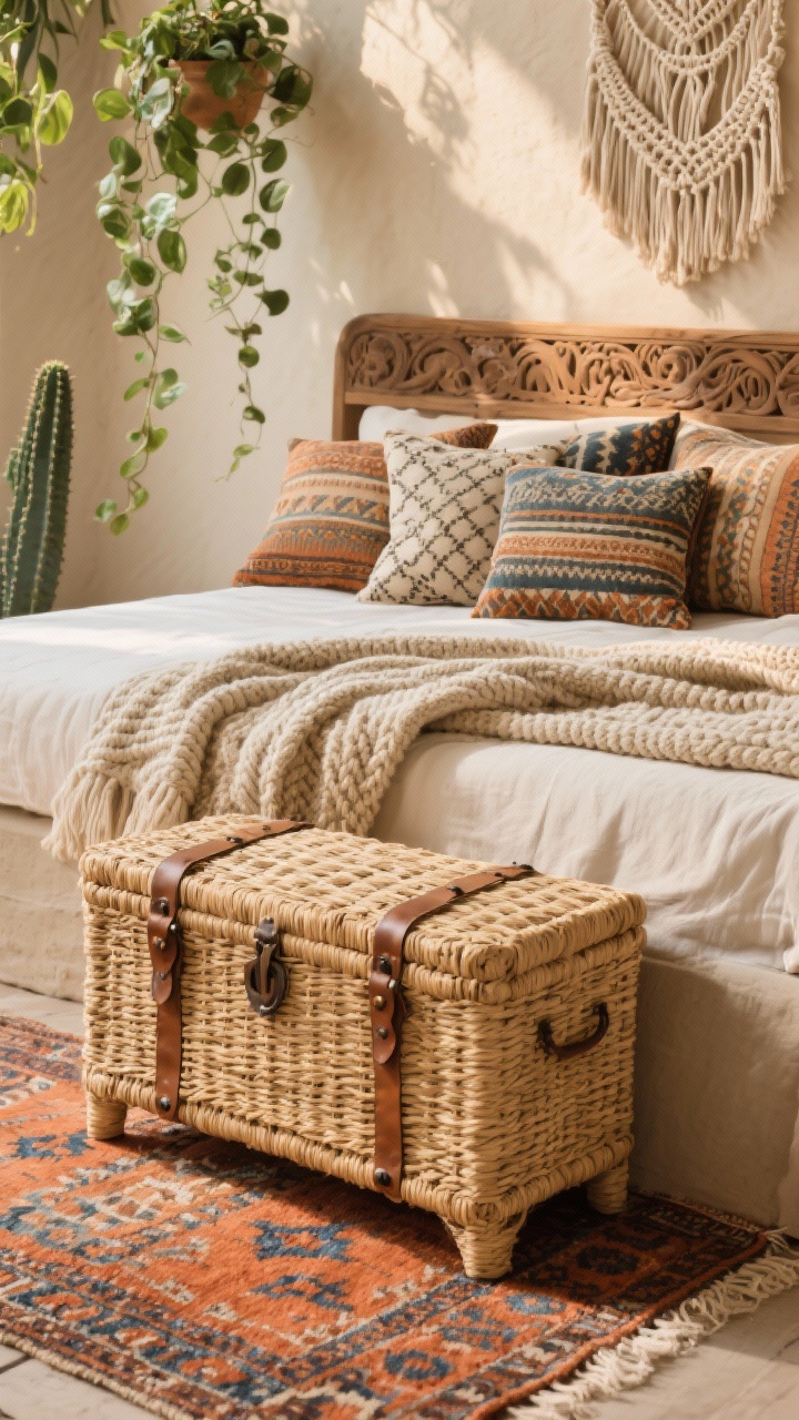 Detail closeup from slightly above: boho woven trunk bench made of natural seagrass with leather handles, lid closed and used as a perch for a stacked mix of patterned pillows; background hints of sun-bleached sand walls, a kilim rug showing terracotta and indigo motifs, and a carved wood headboard edge; added textures include a chunky knit throw edge and a macramé wall hanging partially in frame; plants visible—cascading pothos and a cactus; warm afternoon light emphasizing weave texture, photorealistic.