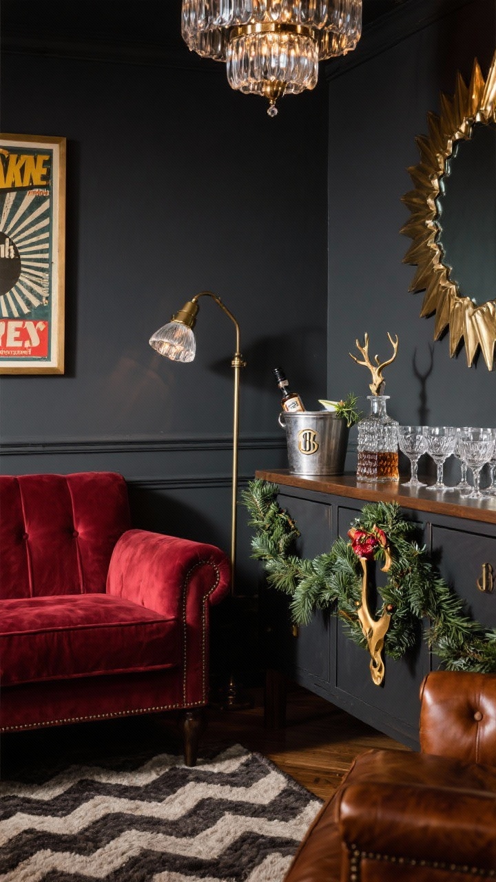 Detail closeup, Gentleman’s Cocktail Lounge: moody charcoal wall backdrop with a corner of a cranberry velvet sofa and saddle leather club chair arm over a herringbone wool rug; bar cabinet surface featuring crystal decanters, cut-glass coupes, and a monogrammed ice bucket, cedar garland draped across with a brass stag bottle opener and small rosemary cocktail wreaths; vintage boxing poster edge and a sunburst mirror glint; low, smoky-glass chandelier light and swing-arm sconce creating intimate shadows.