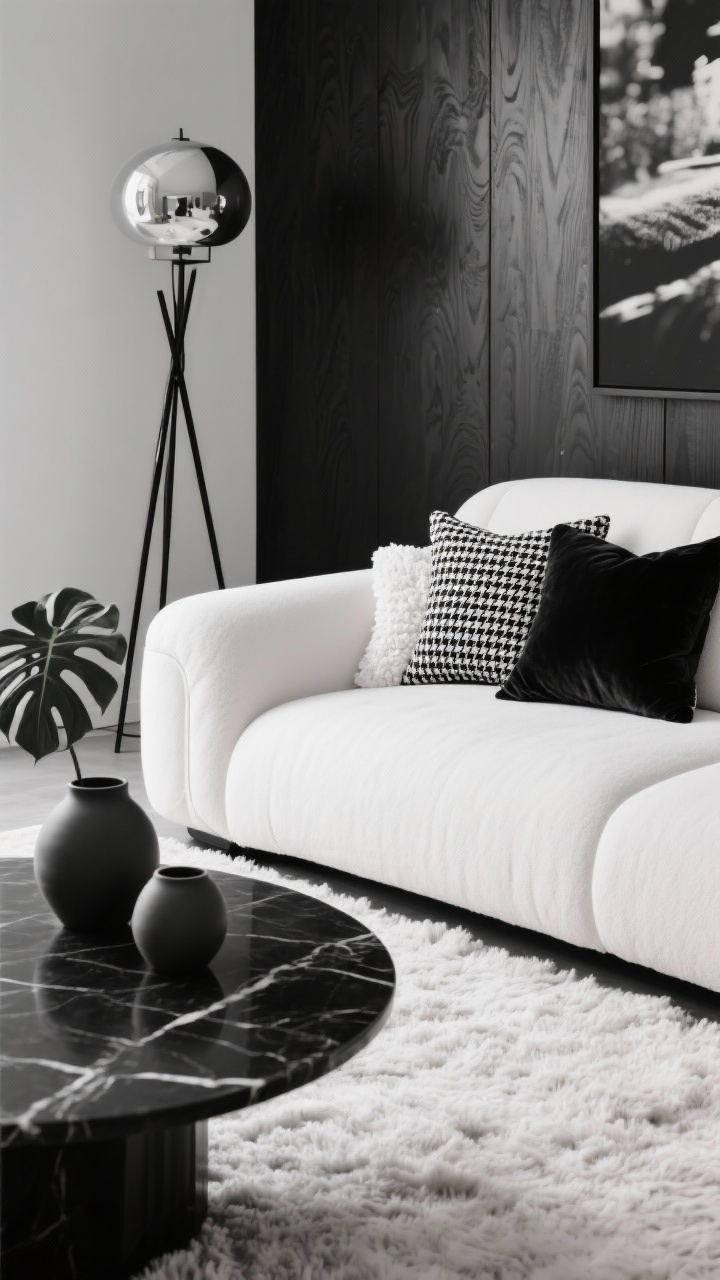 Detail closeup, high-contrast monochrome: a crisp white curved sofa’s arm and cushion edge meeting an ivory shag rug, styled with black-and-white houndstooth and solid black velvet pillows plus a white boucle pillow. In soft side light, a round black marble coffee table edge and matte ceramic vessels with a single monstera leaf partially visible; blurred backdrop of a black-stained oak accent wall with a large black-and-white photograph. Sculptural black tripod floor lamp and globe pendant hinted in reflections. Bold, graphic, photorealistic.