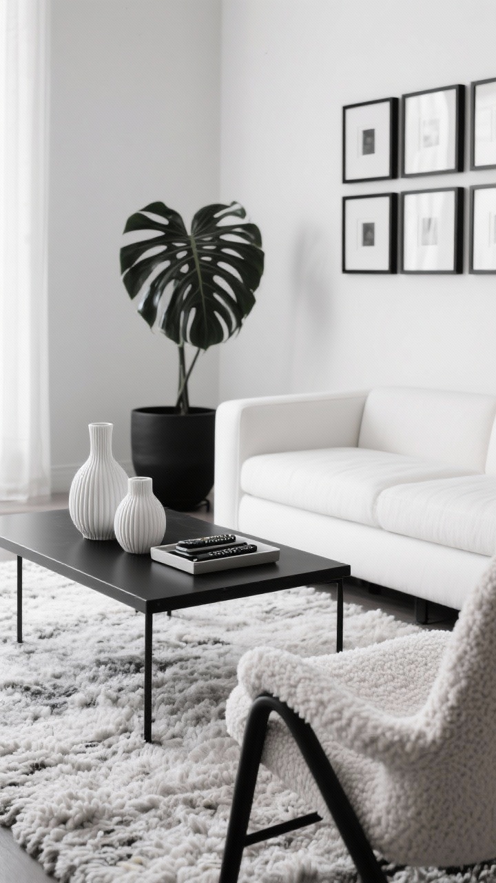 Detail closeup, high-contrast monochrome: black, white, and soft gray palette; black steel coffee table styled with ribbed white ceramic vases and a neatly stacked tray for remotes; edge of a slim-profile white sectional visible; gallery wall of black frames with white mats blurred in background; chunky wool rug texture prominently in foreground; a single curved bouclé accent chair softening the geometry; matte black hardware, satin white walls; large monstera in a matte black planter adding organic shape without breaking palette; crisp daylight, photorealistic.