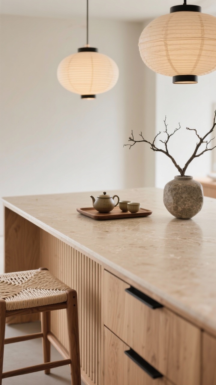 Detail closeup, Japandi minimalism: a light ash wood island base with precise vertical fluting meets a thin-profile warm stone-beige porcelain slab top, showcasing delicate edge thickness. Subtle micro-thin black pulls and hidden finger-pull drawer reveal; a low armless oak stool with woven paper-cord seat partially in frame. On the surface, a single tray with a ceramic teapot and cups; a branch in a stone vase provides organic form. Soft, diffuse lighting from paper lantern pendants out of focus; serene, sculptural feel.