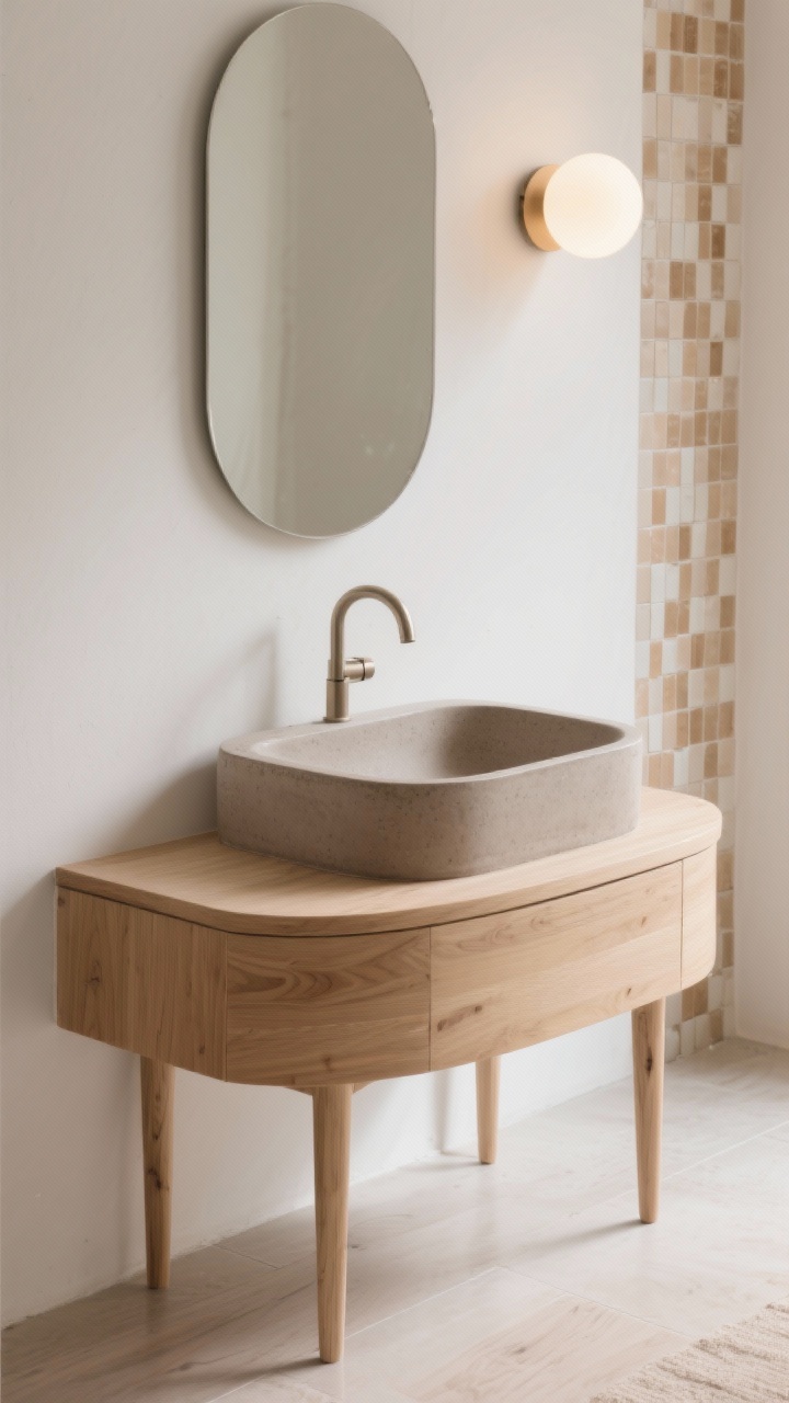 Detail closeup: Japandi serenity textures—warm white wall backdrop, taupe concrete sink with silky matte surface, light ash wood vanity on slim legs with delicate grain, curved silhouettes emphasized by a rounded mirror edge and a softly arched faucet, pill-shaped sconce casting diffuse glow, edge of vertical kit-kat mosaic tiles in almond visible to the side, neutral porcelain floor with subtle wood-like grain; calm, natural light with gentle shadows; overhead-leaning close angle, photorealistic.