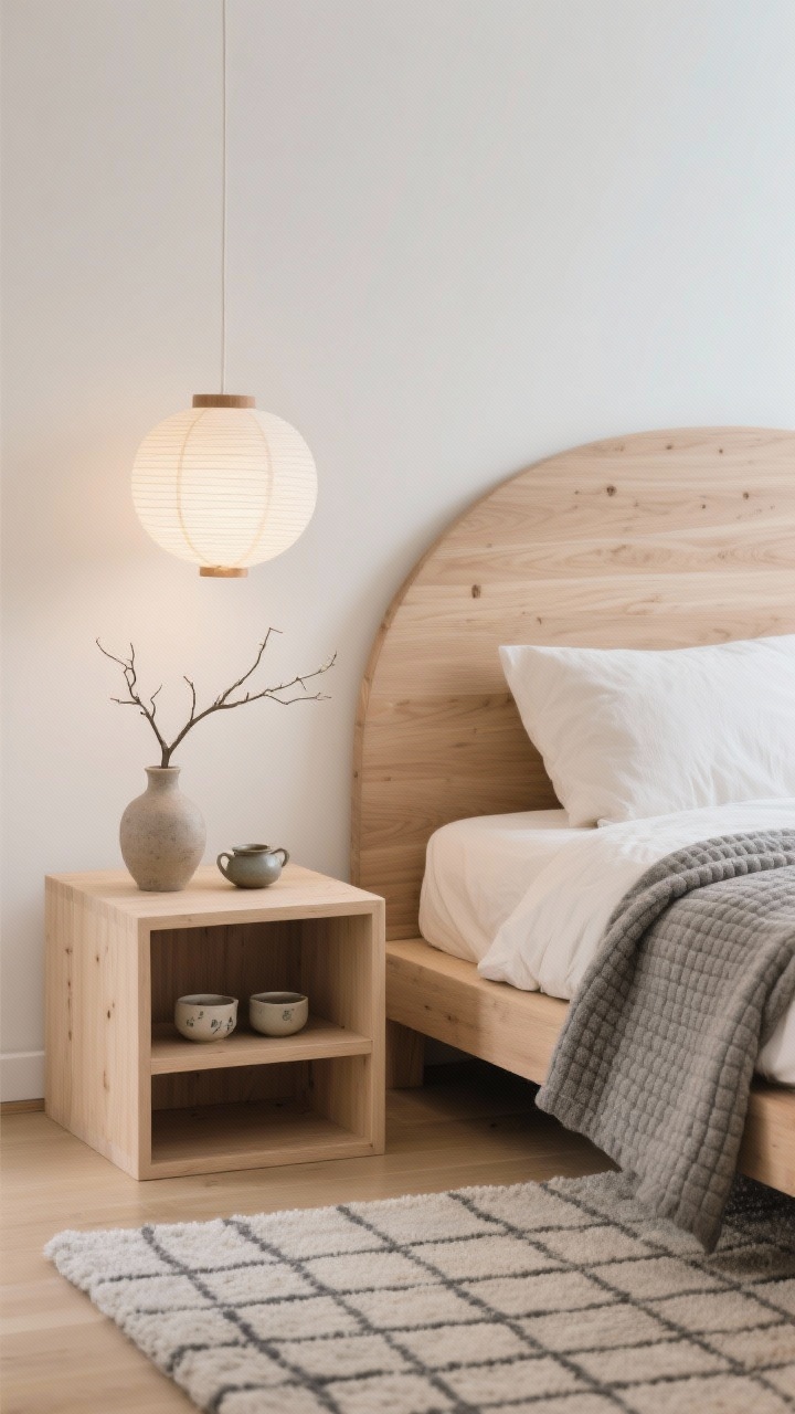 Detail closeup: Japandi serenity vignette featuring a rounded wood headboard of a platform bed with neutral linen bedding and a textured stone-gray waffle blanket; calm paper lantern pendant casting soft glow. On a pale wood cube nightstand with open shelving: a ceramic tea set and an ikebana vase holding a single branch. A wool rug with a subtle organic grid pattern peeks into frame, with warm white walls and light ash wood tones. Photorealistic, soft diffused daylight, minimal visual noise.