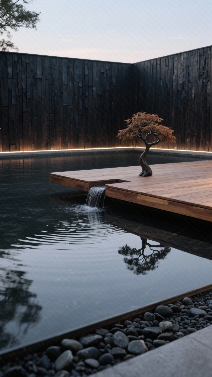 Detail closeup, Japandi soak sanctuary textures: edge of a floating ipe deck hovering slightly above serene water; reflection of a single sculptural maple on the surface; backdrop of charred Shou Sugi Ban cladding with crisp grain; hidden LED strip glow under deck edge; black river pebbles bordering a gravel strip; a simple stone spillway creating gentle ripples. Minimalist, quiet luxury, soft evening light.