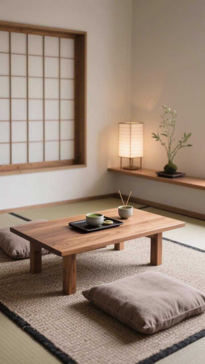 Detail closeup, Japandi Tea & Breath Room: A low oak chabudai table on a tatami-style flatwoven rug, with two linen floor cushions in muted taupe. On the table: a minimalist matcha set and an incense tray. Background shows a single shoji-style panel and ample blank wall space; edges of a floating shelf with a restrained ikebana arrangement just visible. Lighting from a shoji/rice-paper lamp gives a soft diffused glow. Palette: bone, taupe, black ink, warm wood. Photorealistic, shallow depth of field.