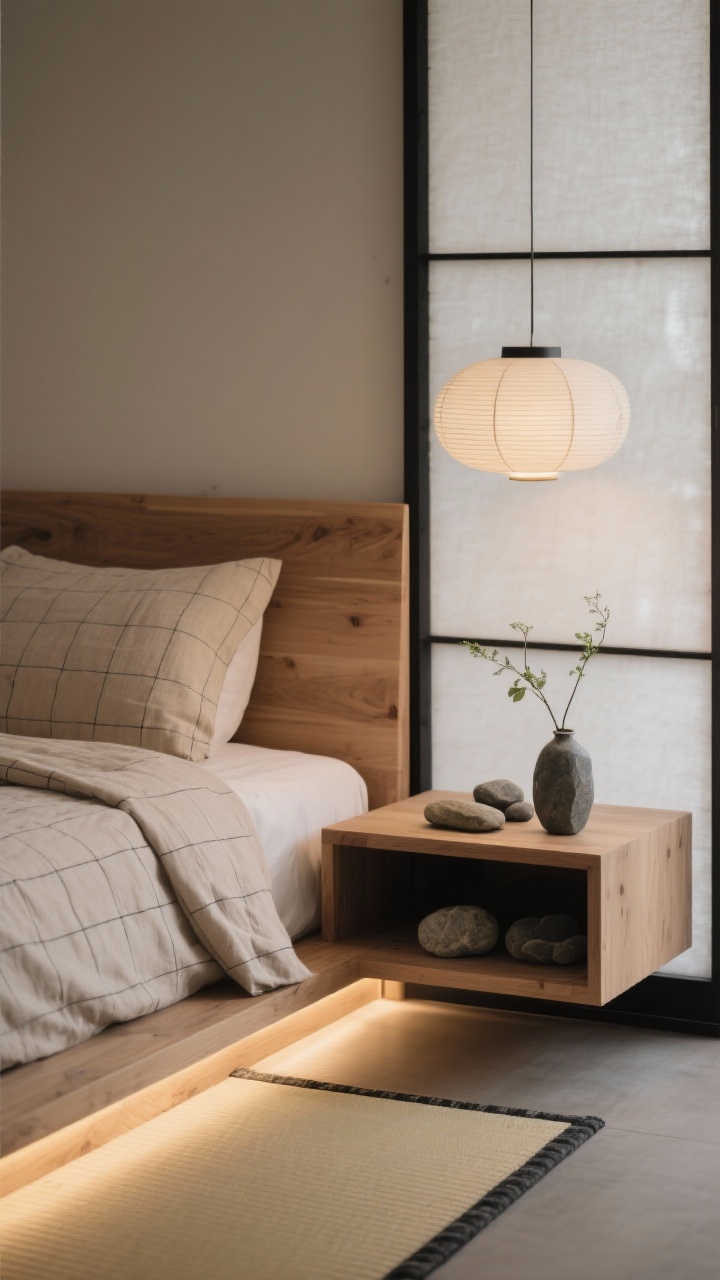 Detail closeup — Japandi Zen Suite: A serene vignette of a low platform bed with a simple natural wood headboard dressed in stonewashed linen, topped with a neutral duvet featuring a subtle grid pattern. Floating nightstand with a single ikebana vase and smooth river stones arranged thoughtfully. Soft glow from a rice paper pendant drifts into frame; a tatami-inspired rug edge and a paper-shoji style screen blur in the background. Dimmable LED strip under-bed lighting casts a calm, grounded halo. Palette: mushroom, oat, black, natural wood. Minimal, matte textures.