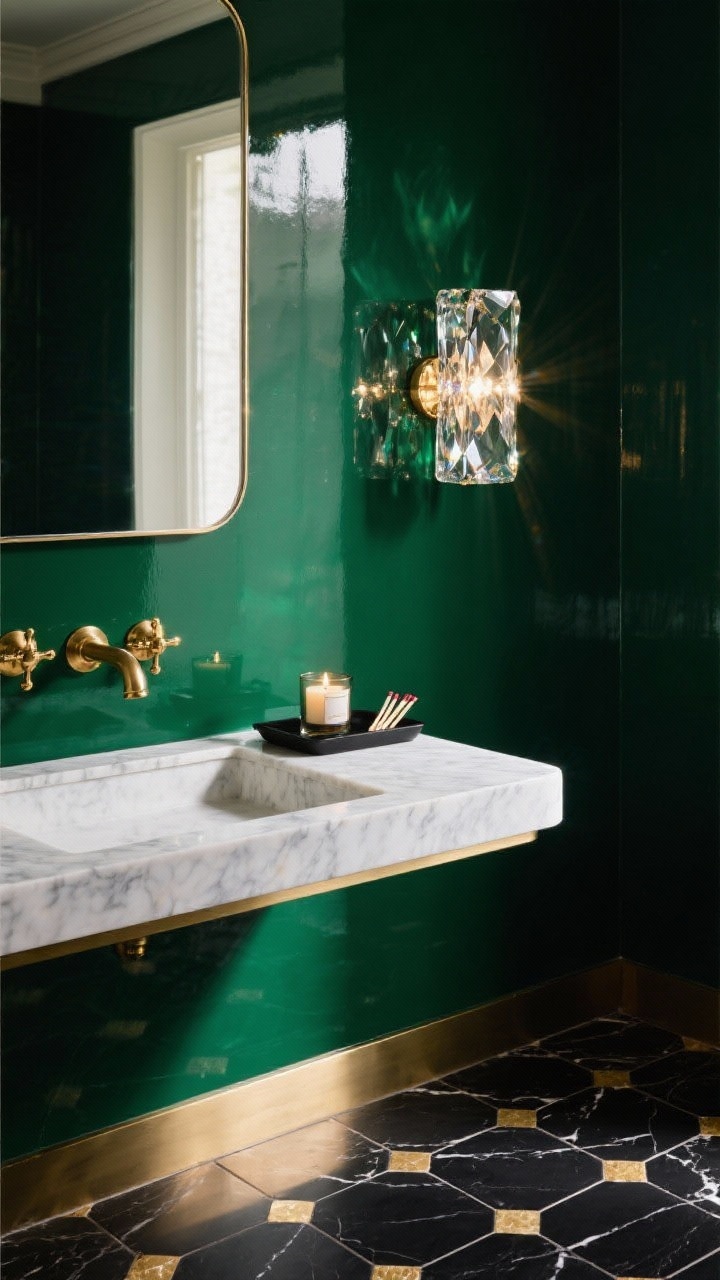 Detail closeup: Jewel-box glam focus on a deep emerald lacquer wall reflecting light, a floating marble vanity with a thin edge profile, polished brass wall-mounted faucet gleaming, and crystal-accent sconce nearby casting prismatic highlights; include a faceted or bevel-edged slim rectangular mirror cropping into frame, black marble hex floor with tiny brass inlays slightly visible at bottom edge, and a petite black tray with a scented candle and matches; moody, high-gloss drama with sparkling highlights; tight angle, photorealistic.