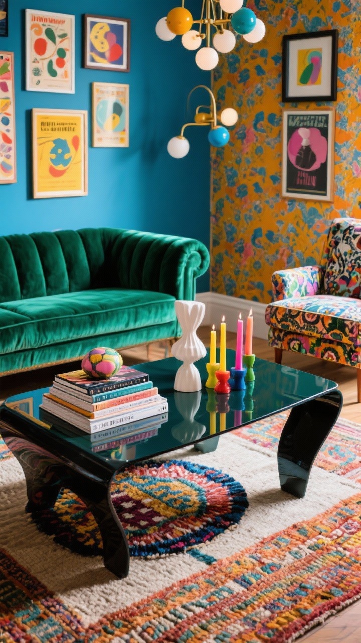 Detail closeup, Joyful Maximalist Mix coffee table and textiles: a glossy lacquered coffee table styled with stacked coffee table books, sculptural objects, and colorful candles. In the background, edge of a jewel-tone velvet sofa in emerald and a patterned armchair with complementary prints. Layered rugs visible beneath: a flatweave base with a smaller patterned rug on top. Wall glimpse shows bold wallpaper in cobalt/marigold tones and an eclectic gallery of vintage posters and abstract art. Lighting hint from a playful chandelier with globe shapes. Photorealistic, saturated color, energetic, partial corner angle.