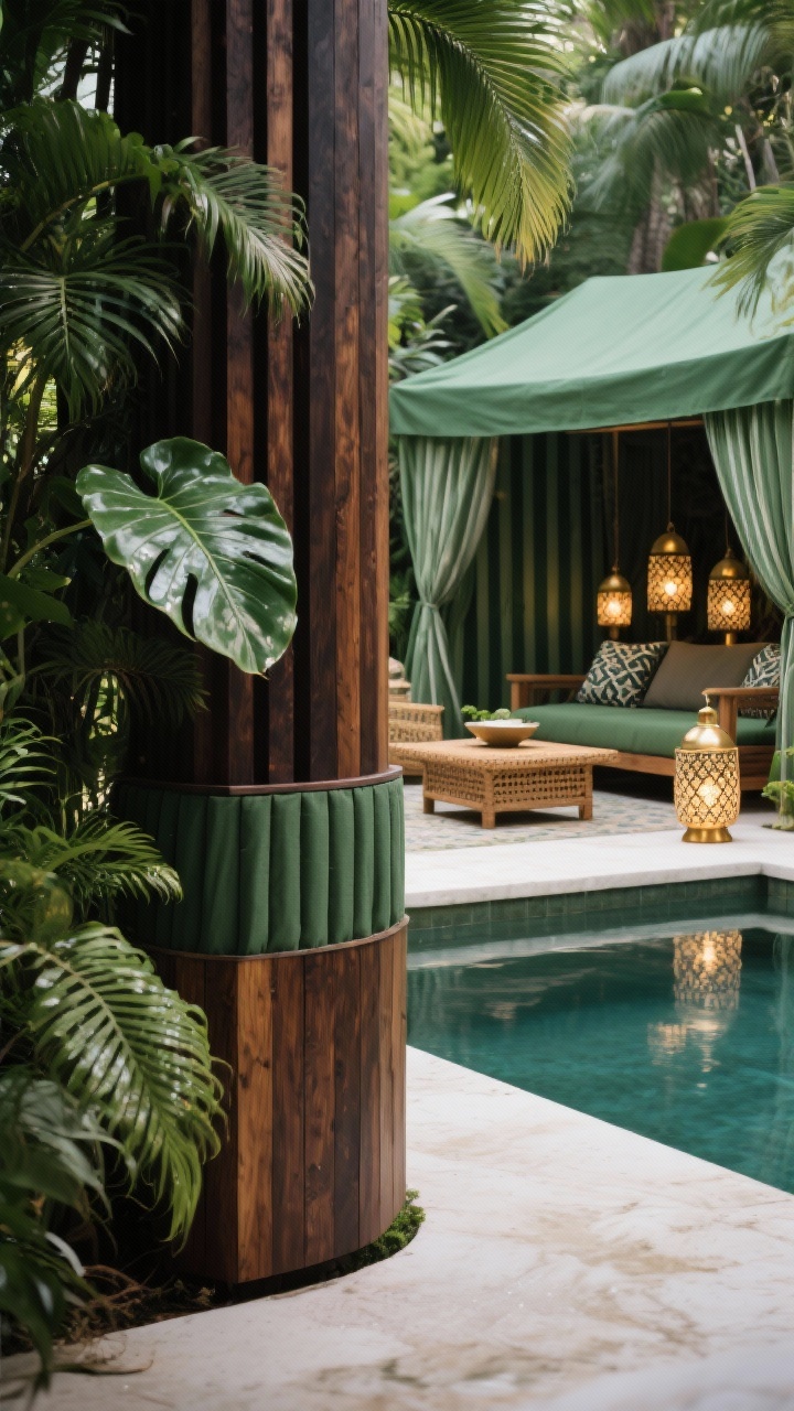 Detail closeup, Jungle Cabana With Hidden Pool Skirt: Focus on the dark-stained cedar vertical slat “skirt” around the pool base partially veiled by dense layers of ferns, palms, and elephant ears—moist leaf textures and wood grain crisp in humid light. In the softly blurred background, a canvas cabana in deep green stripes with sheer side panels, a woven coffee table, low teak loungers, and clusters of patterned Moroccan lanterns glinting brass. Dappled pathway lighting peeks through foliage; palette of deep greens, dark wood, ivory, hints of brass; no people.
