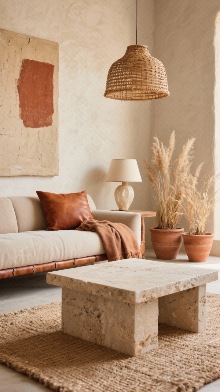 Detail closeup, low angle: Desert minimal textures—saddle leather sofa edge against a matte plaster wall in soft sand. Foreground features the honed surface of a travertine cube coffee table, with a jute and wool blend rug peeking beneath. Terracotta planters with dried grasses sit to the side. Color hits include a burnt sienna pillow and muted clay throw draped casually. Lighting from a woven rattan pendant and a sculptural alabaster table lamp casts warm, sun-washed highlights. Minimal abstract canvas in beige and rust with heavy texture blurred in background. Photorealistic, serene.