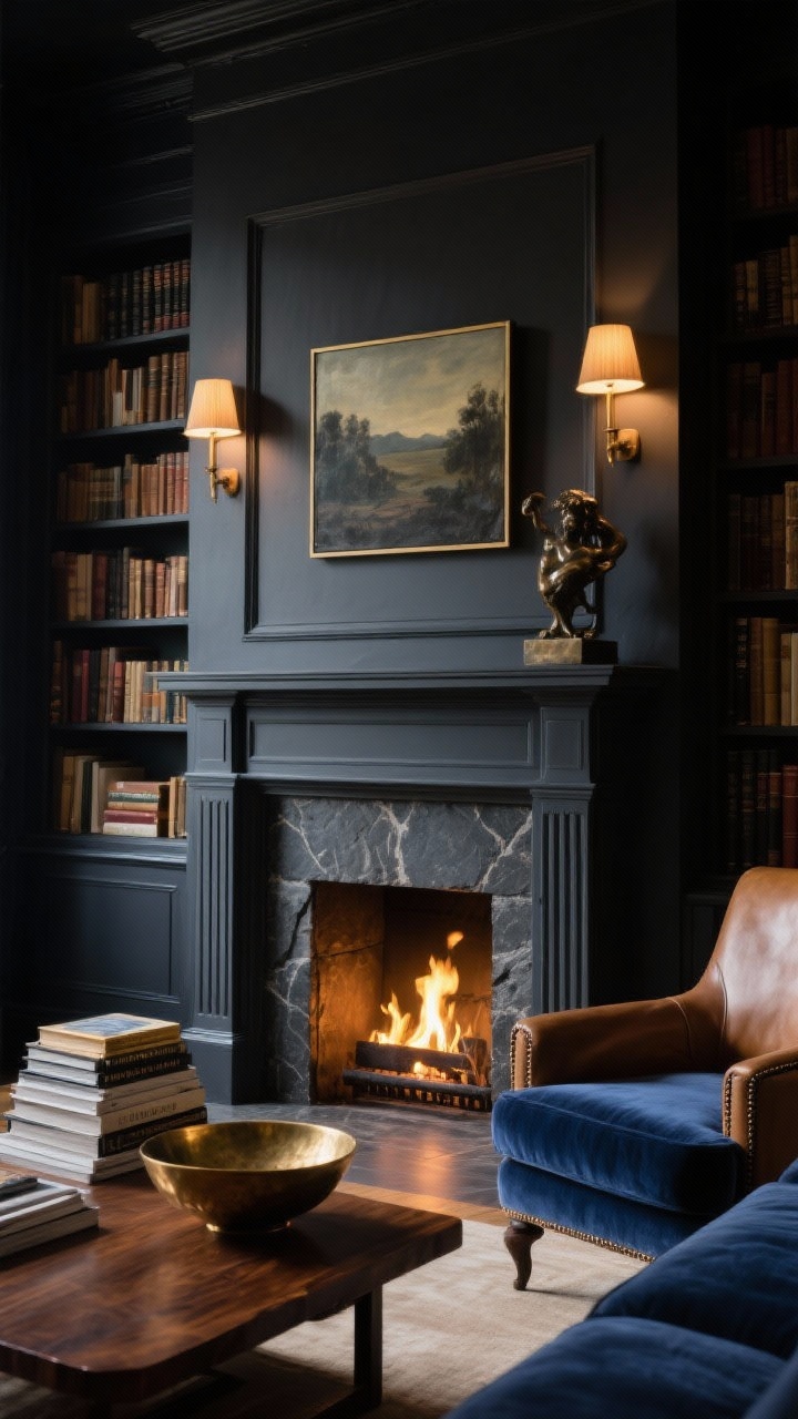 Detail closeup, low-angle focus on mantel and textures: A moody library fireplace wrapped in charcoal-painted millwork with a slate surround; above the mantle a small moody landscape painting and a bronze sculpture; warm layered lighting with picture lights casting glow over floor-to-ceiling bookcases receding into background bokeh; hints of ink-blue velvet sofa and tobacco leather club chair edges; heavy walnut coffee table corner with stacked art books and a vintage brass bowl partially in frame; palette charcoal, navy, tobacco, aged brass; atmosphere dark, cozy, cinematic with golden firelight.