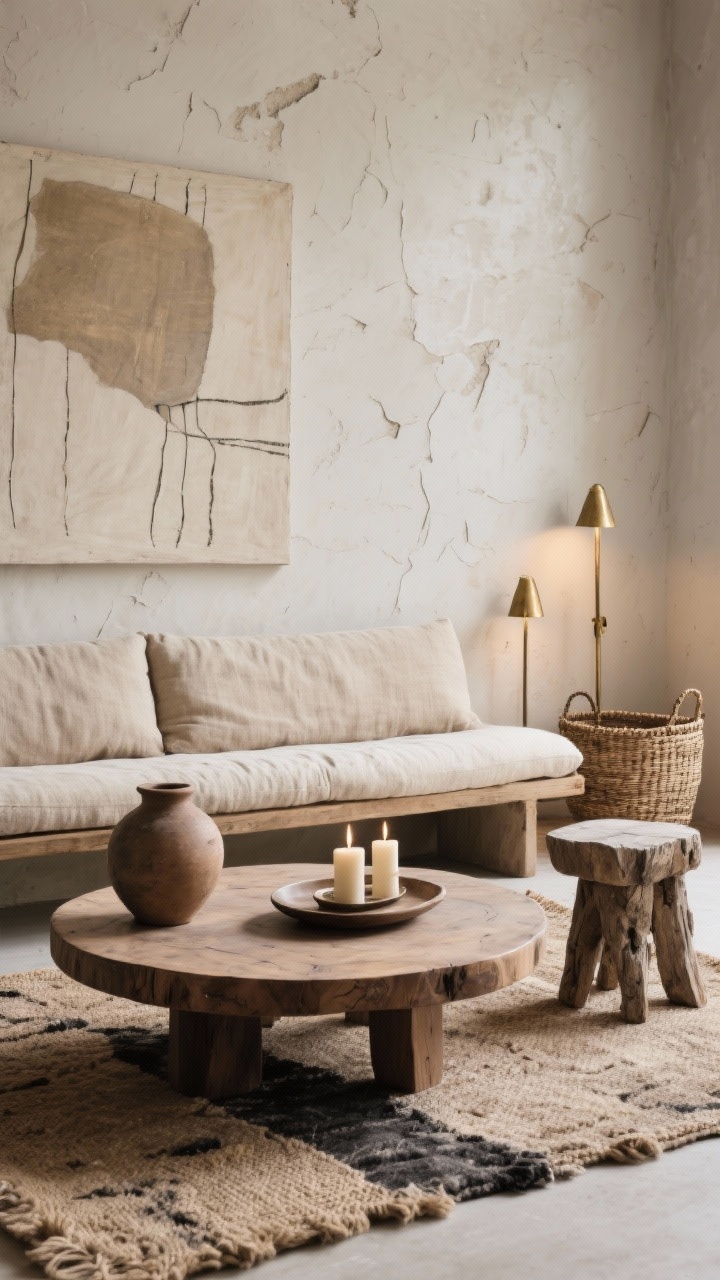Detail closeup, low angle: Wabi-sabi minimal vignette featuring plaster-look walls with subtle trowel marks behind a low bench-cushion sofa in natural flax. In front, a round hand-carved wood coffee table sits on a jute-and-wool rug with uneven texture. Include raw-edge pottery, a rough-hewn stool tucked beside the table, and a handwoven wall basket partially in frame. Add a candle cluster on a shallow tray and aged brass uplights casting a gentle, warm wash on the textured wall. A single large abstract art piece hangs simply, calming the composition. Earthy palette of stone, bone, clay, and soot, photorealistic.