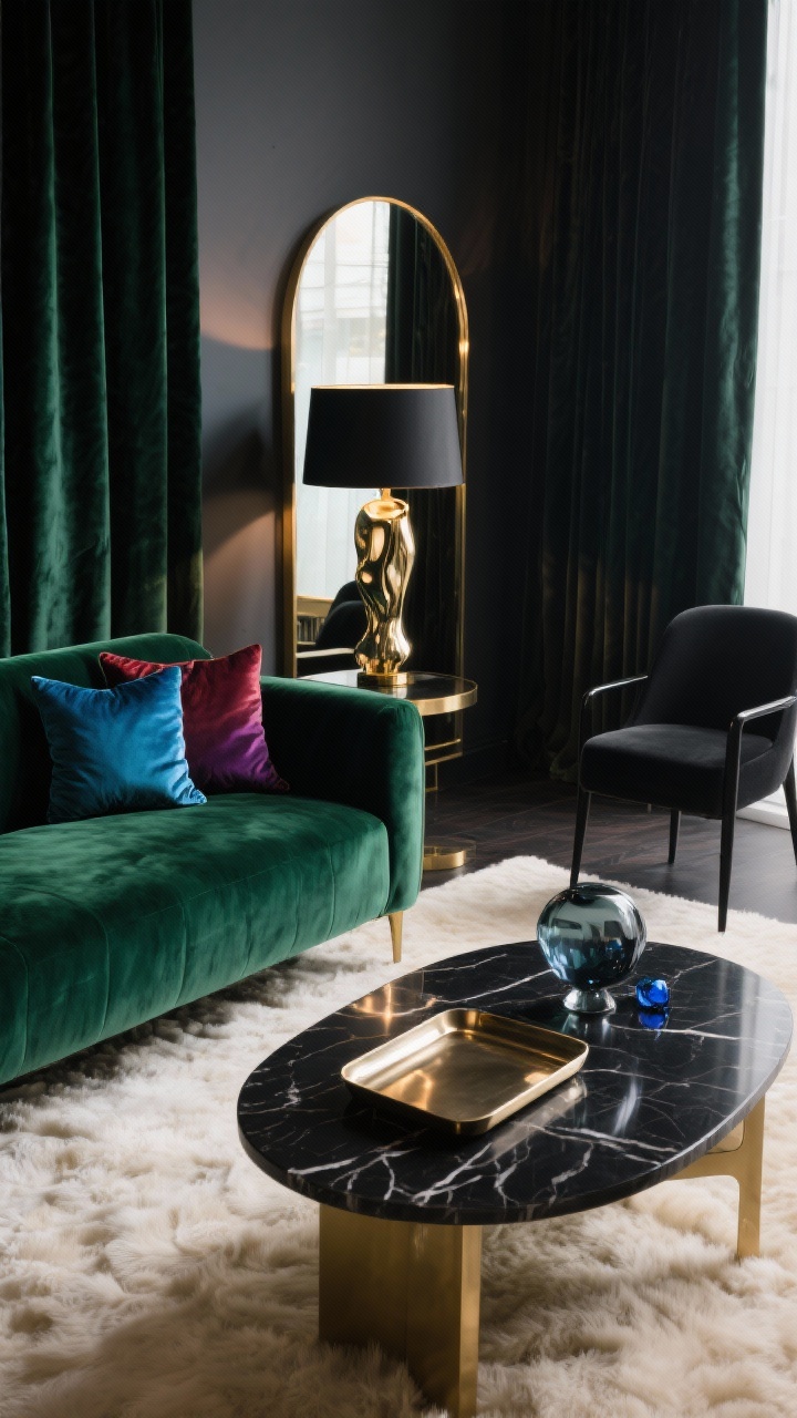 Detail closeup: Luxe velvet glam vignette featuring the corner of a deep emerald velvet sofa with jewel-toned pillows (sapphire, garnet, amethyst) against a plush cream rug. In front, a black marble coffee table holds a metallic tray, smoked glass decor, and a sculptural table lamp base reflected in a brass arched mirror nearby. Hints of slender accent chairs in black frame silhouettes and floor-length velvet curtains in the background. Dimmable, moody lighting creates a boutique-hotel glow. Palette: emerald, brass, black, cream with sapphire hints.