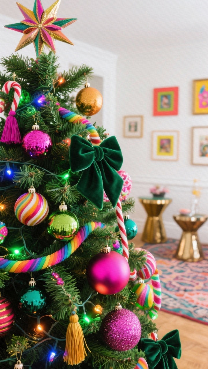 Detail closeup: Maximalist Candy Shop ornaments on a full green or white tree—saturated jewel tones and neon pops. Mix oversized baubles, velvet bows, tassels, and candy-striped garland, with rainbow or color-changing LED lights sparkling between branches. In the blurred background, hints of patterned rugs, lacquered side tables, and a gallery wall with bright frames. Topper suggestion visible: giant bow or exaggerated starburst just out of frame. Vivid, playful, high-saturation, photorealistic macro shot.
