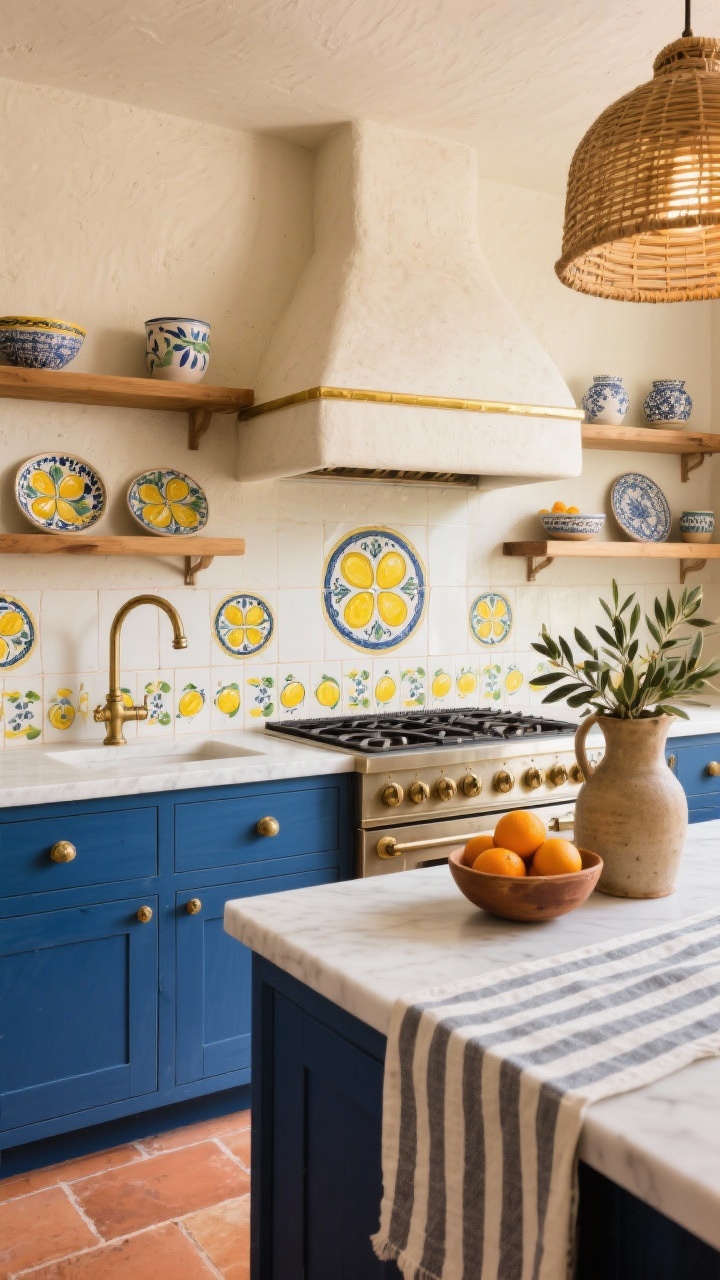 Detail closeup, Mediterranean Citrus With Sun-Baked Soul: an angled shot capturing terracotta floor tiles meeting creamy stucco walls, cobalt-blue lower cabinets under a crisp white quartz top; open oak shelves above with hand-painted ceramics; the star is a zesty lemon-tile backsplash with hand-painted medallions and hints of saffron; aged brass cup pulls and a swan-neck faucet; a plaster-wrapped range hood with a thin brass band in frame; rattan pendant glow; styled with bowls of oranges, olive branches in a rustic jug, and a striped linen runner; warm, sun-baked light, photorealistic.