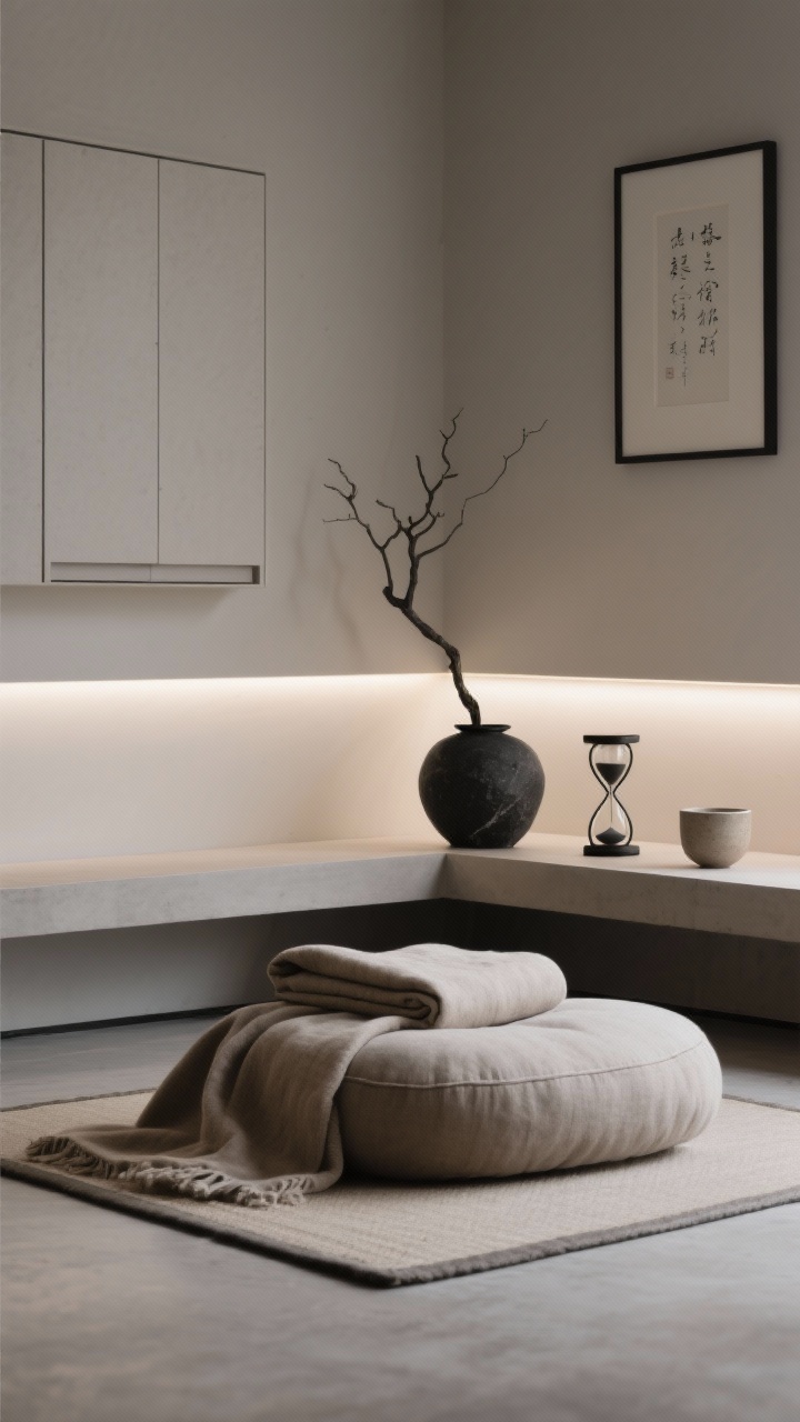 Detail closeup, Minimal Monochrome Meditation Suite: A layered arrangement on the floor featuring a thick meditation cushion on a cotton mat with a neatly folded throw, all in warm greiges. Beside them, a black stone vase holding a single sculptural branch; nearby a sand timer and a simple ceramic cup on a low platform bench. Background shows flat-front, handleless wall-mounted storage and a single framed haiku. Indirect LED strip glows from behind a wall ledge, casting soft highlights. Palette: warm gray, putty, charcoal, soft white. Photorealistic, serene low-contrast lighting.