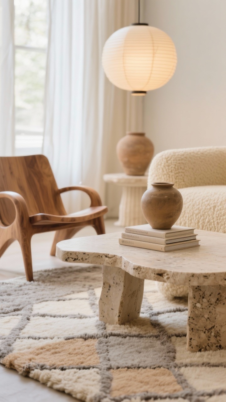 Detail closeup: Minimal warm-neutral boho textures—focus on the edge of a low-profile boucle sofa in warm cream next to a honed travertine coffee table. A sculptural wood accent chair with curved arms blurred in the background. The thick wool rug with a subtle diamond pattern is visible beneath, in layers of greige, biscuit, and ecru. A ceramic pedestal with linen-covered books and an oversized earthen urn nearby. Soft daylight through sheer floor-length curtains; paper lantern pendant softly glowing above. Photorealistic, shallow depth of field.
